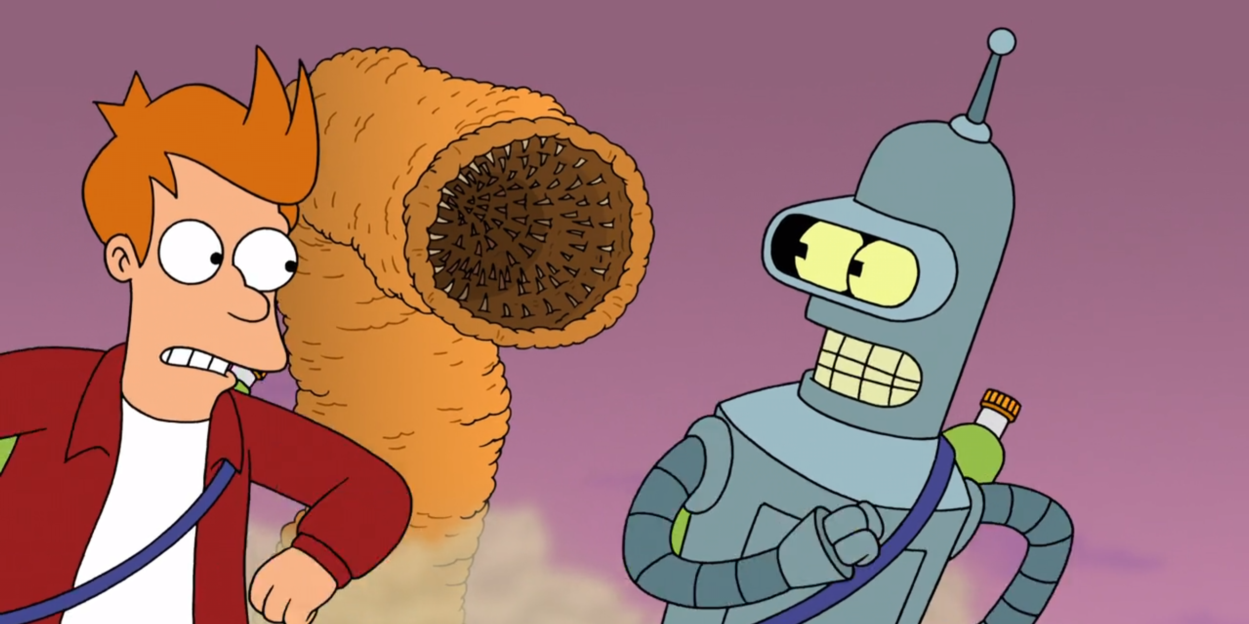 Fry and Bender Run From a Dune Sandworm in Futurama