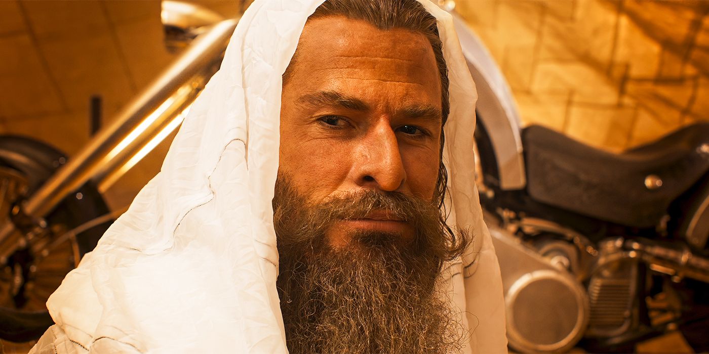 Chris Hemsworth in a white hood in Furiosa: A Mad Max Saga