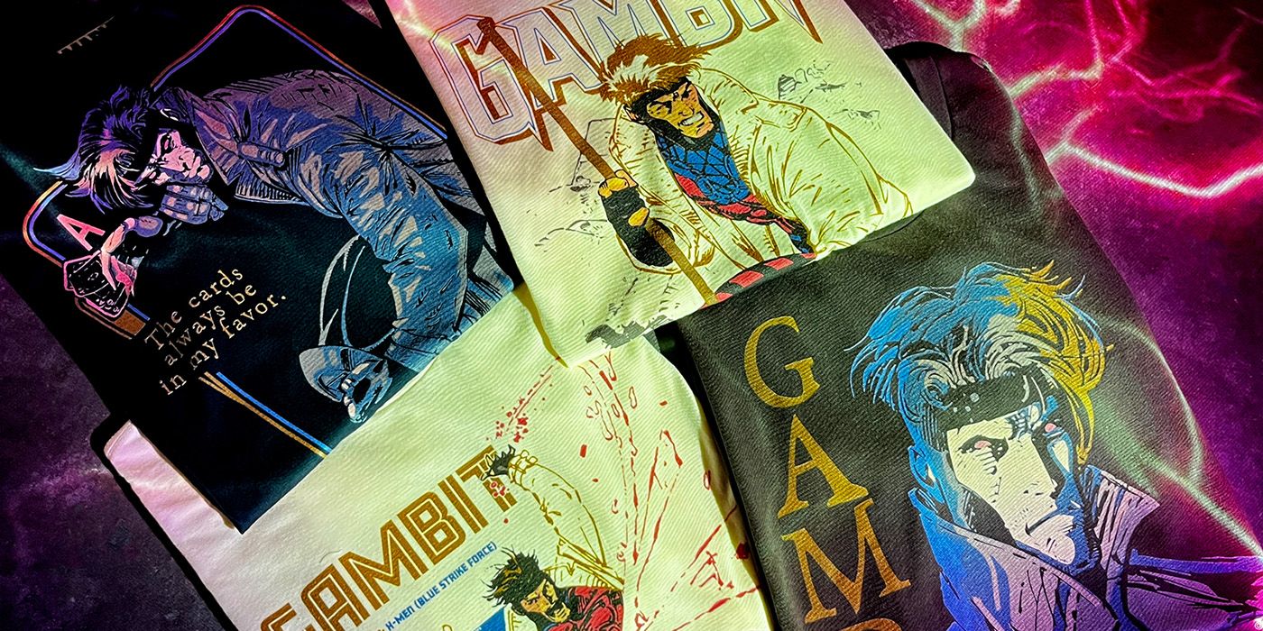 a flatlay of four t-shirts from heroes and villains featuring gambit from x-men