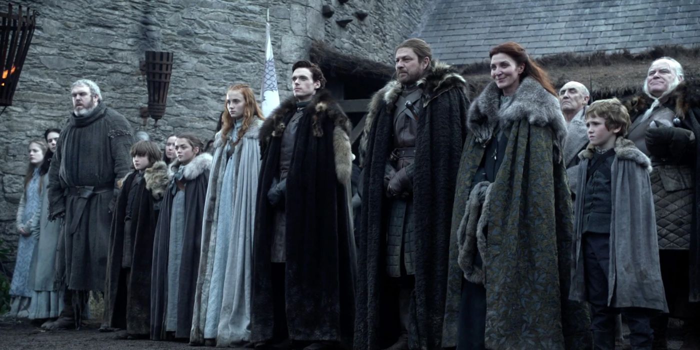 The noble family of Winterfell, the Starks, stand in line ready to greet the king of Westeros in Game of Thrones