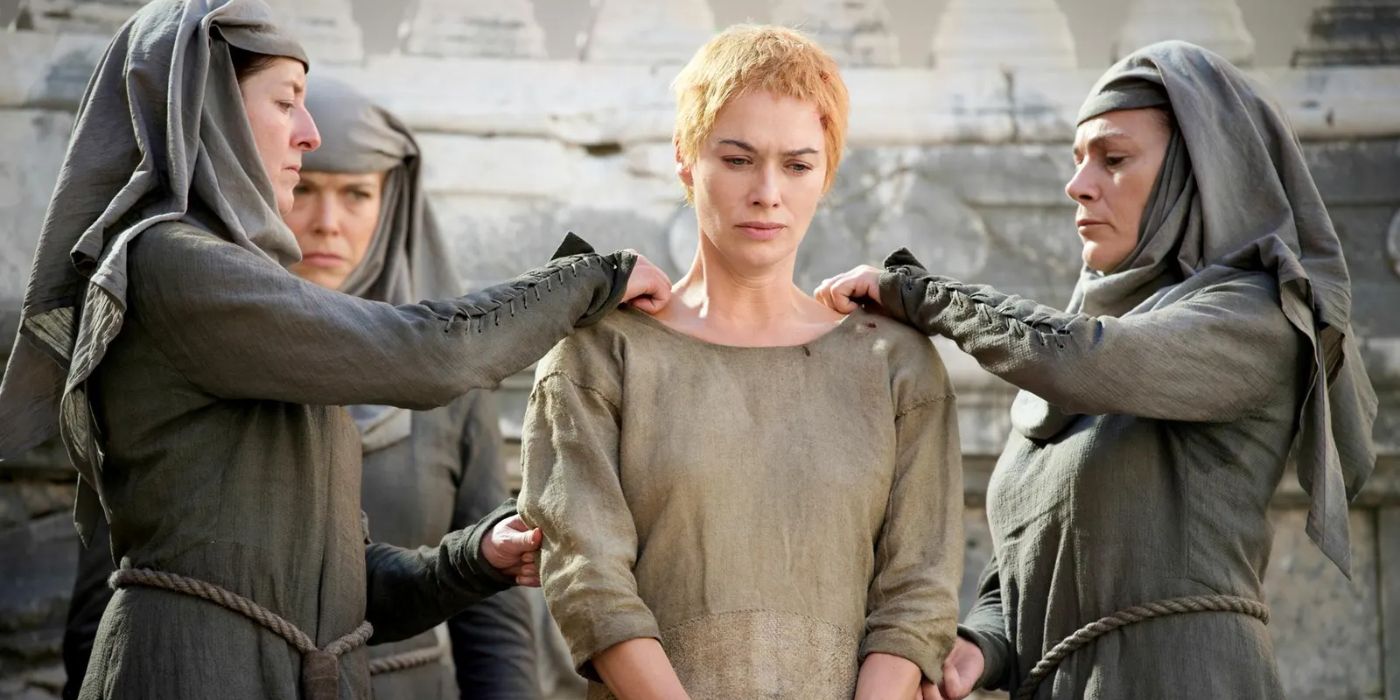 Cersei Lannister (Lena Headey) is prepared for the walk of atonement through the streets of King's Landing.