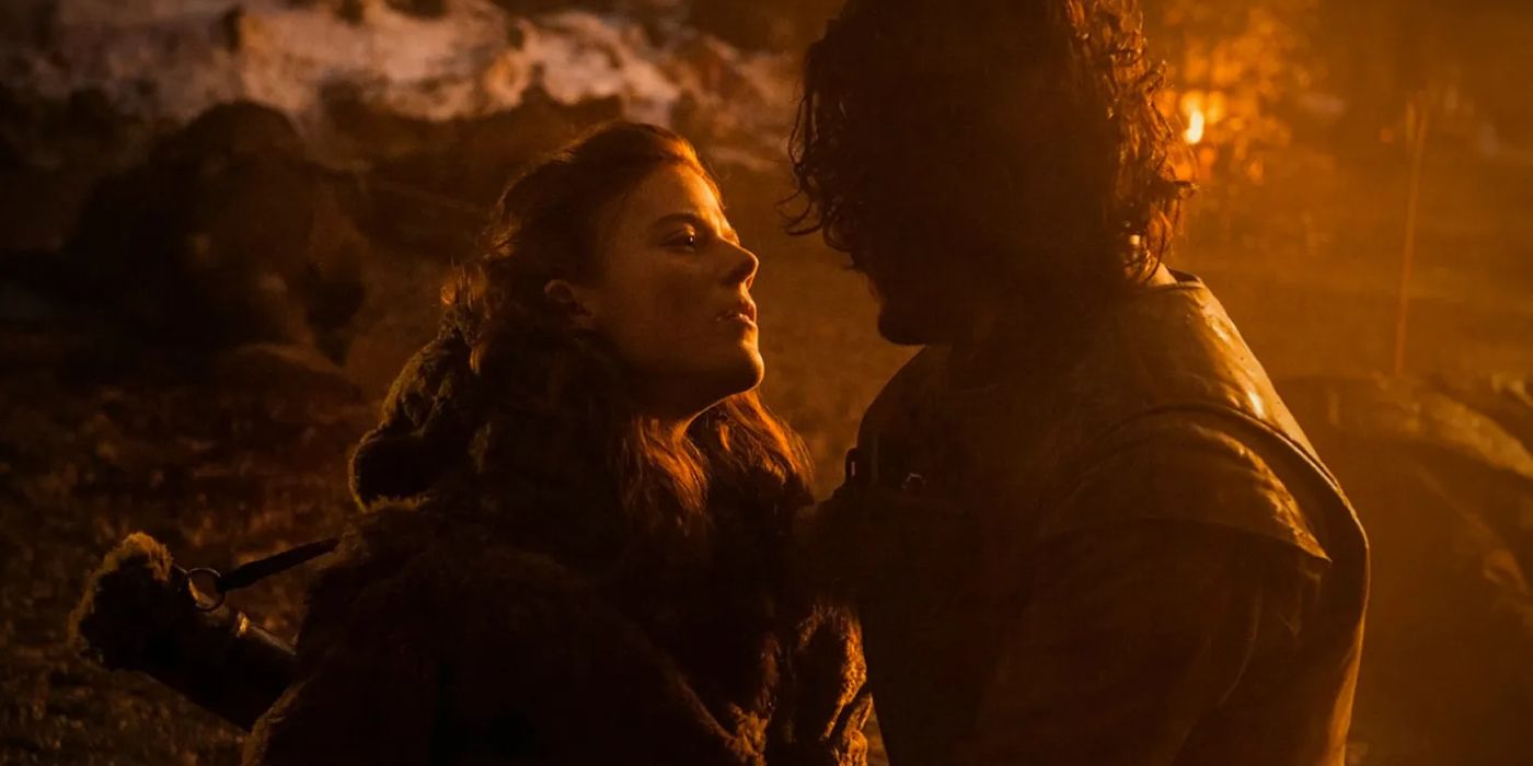 Jon Snow (Kit Harrington) holds a mortally wounded Ygritte (Rose Leslie) in his arms amid the Wildling attack on Castle Black.