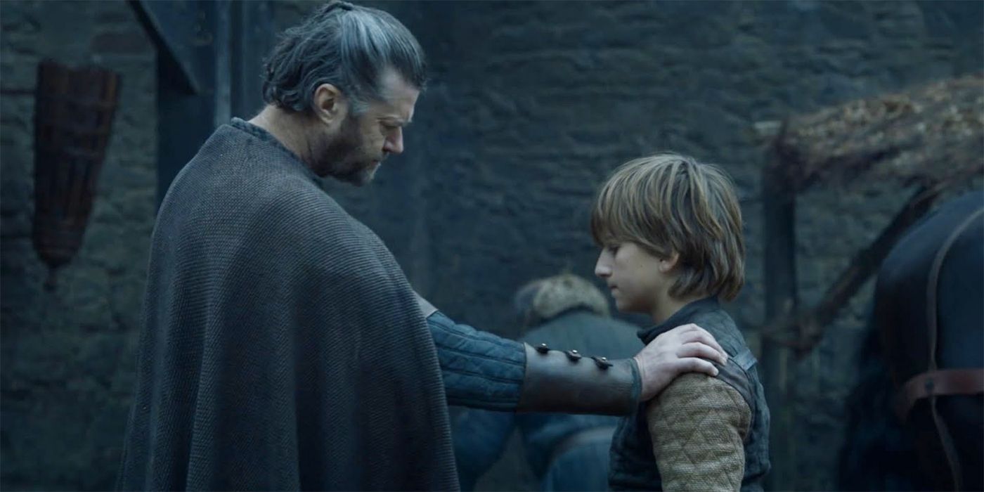 Wayne Foskett as Rickard Stark talking to Sebastian Croft as young Eddard Stark in Game of Thrones