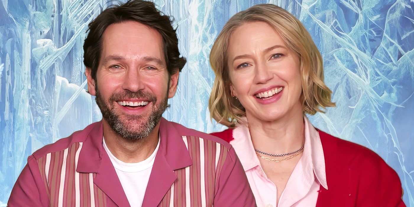 Custom image of Paul Rudd and Carrie Coon smiling during an interview for Ghostbusters: Frozen Empire