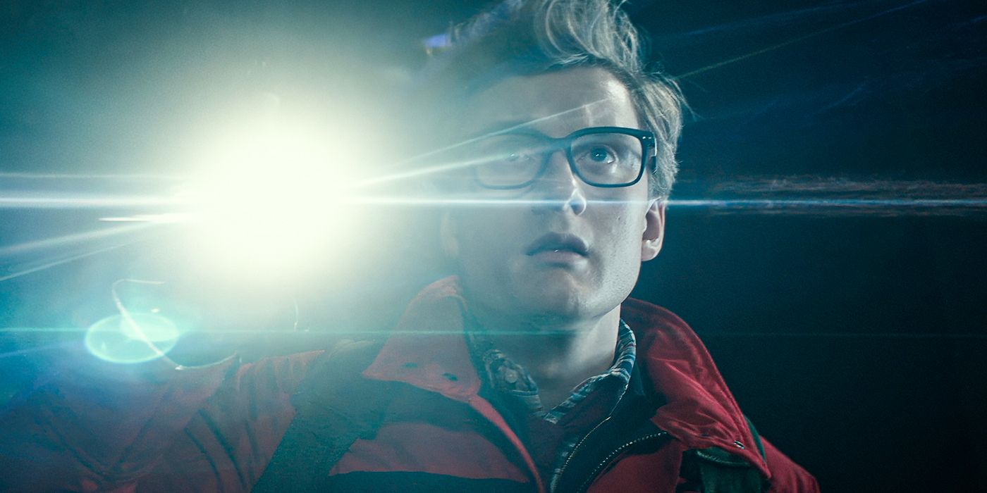 James Acaster shining a flashlight and looking up in shock in Ghostbusters: Frozen Empire