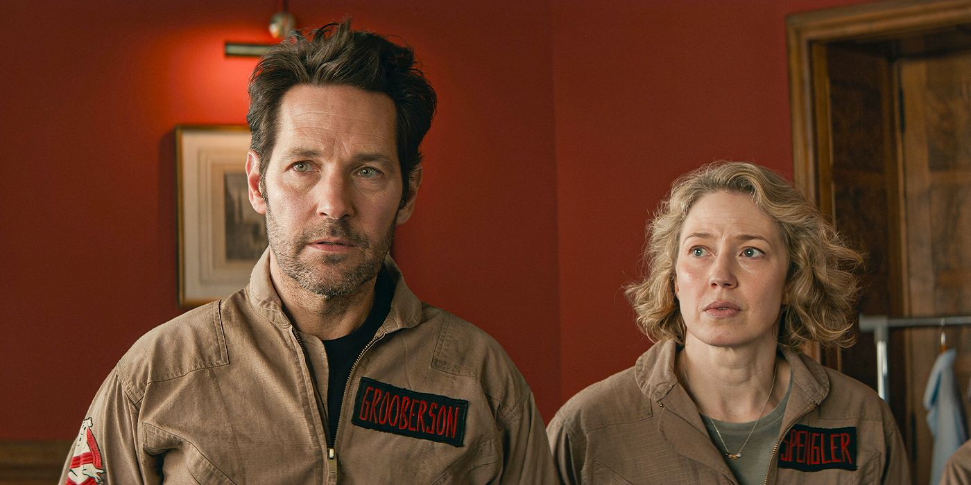 Paul Rudd and Carrie Coon looing skeptical in Ghostbusters: Frozen Empire