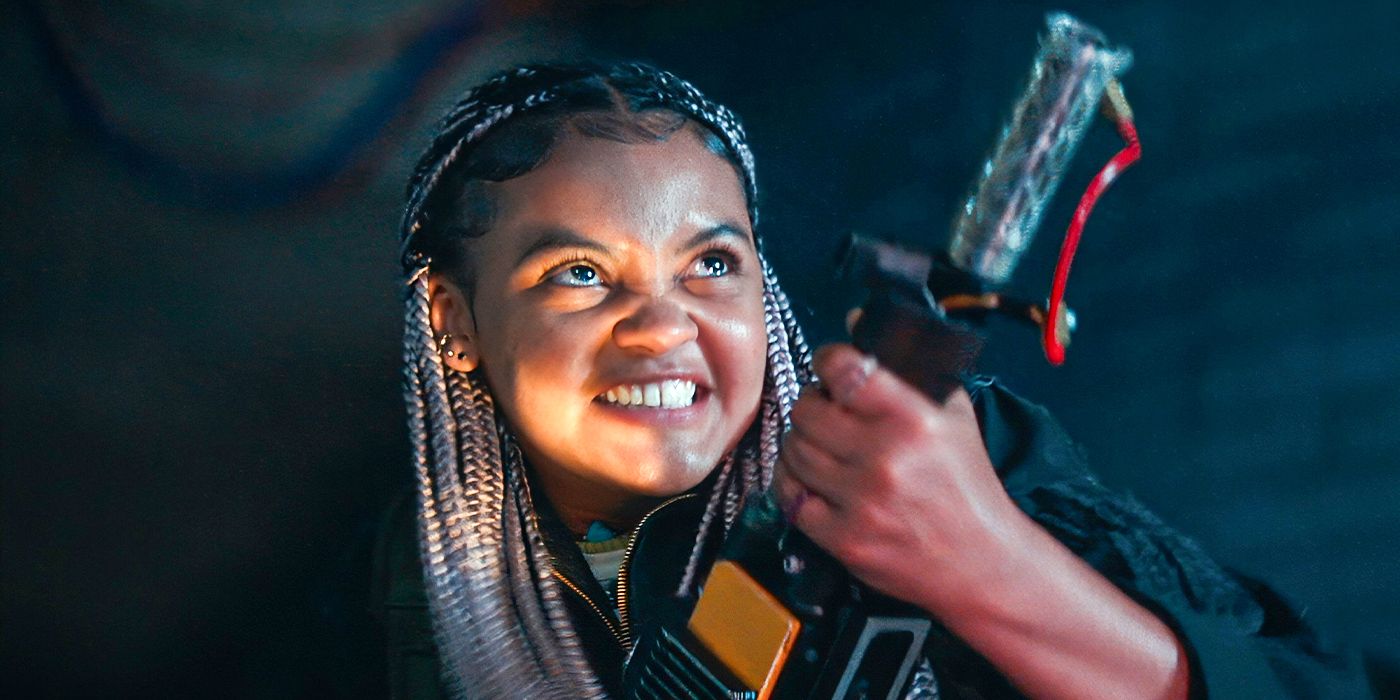Celeste O&rsquo;Connor aiming her proton pack upward, looking determined in Ghostbusters: Frozen Empire