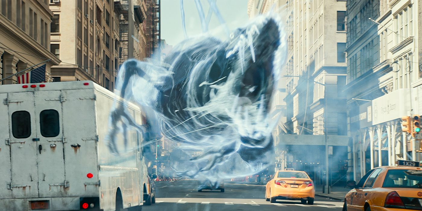 A large icy ghost rampaging through the streets of New York in Ghostbusters: Frozen Empire