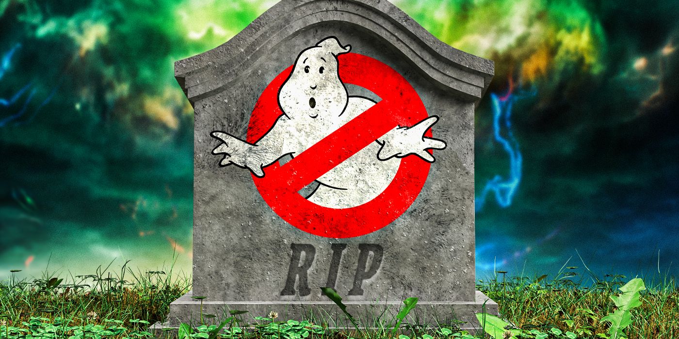 A gravestone with a ghostbusters logo indicating no more with the letters R.I.P.