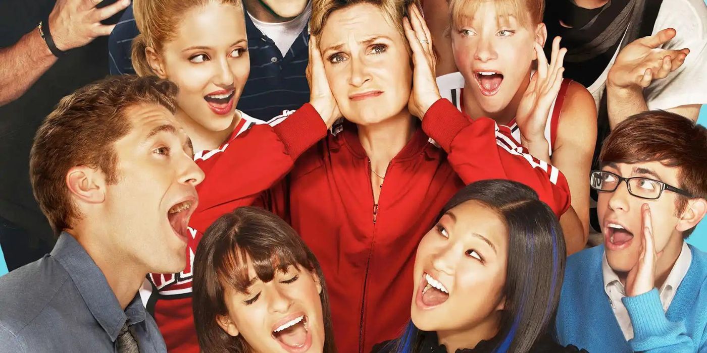The Glee cast sings while Sue Sylvester covers her ears.