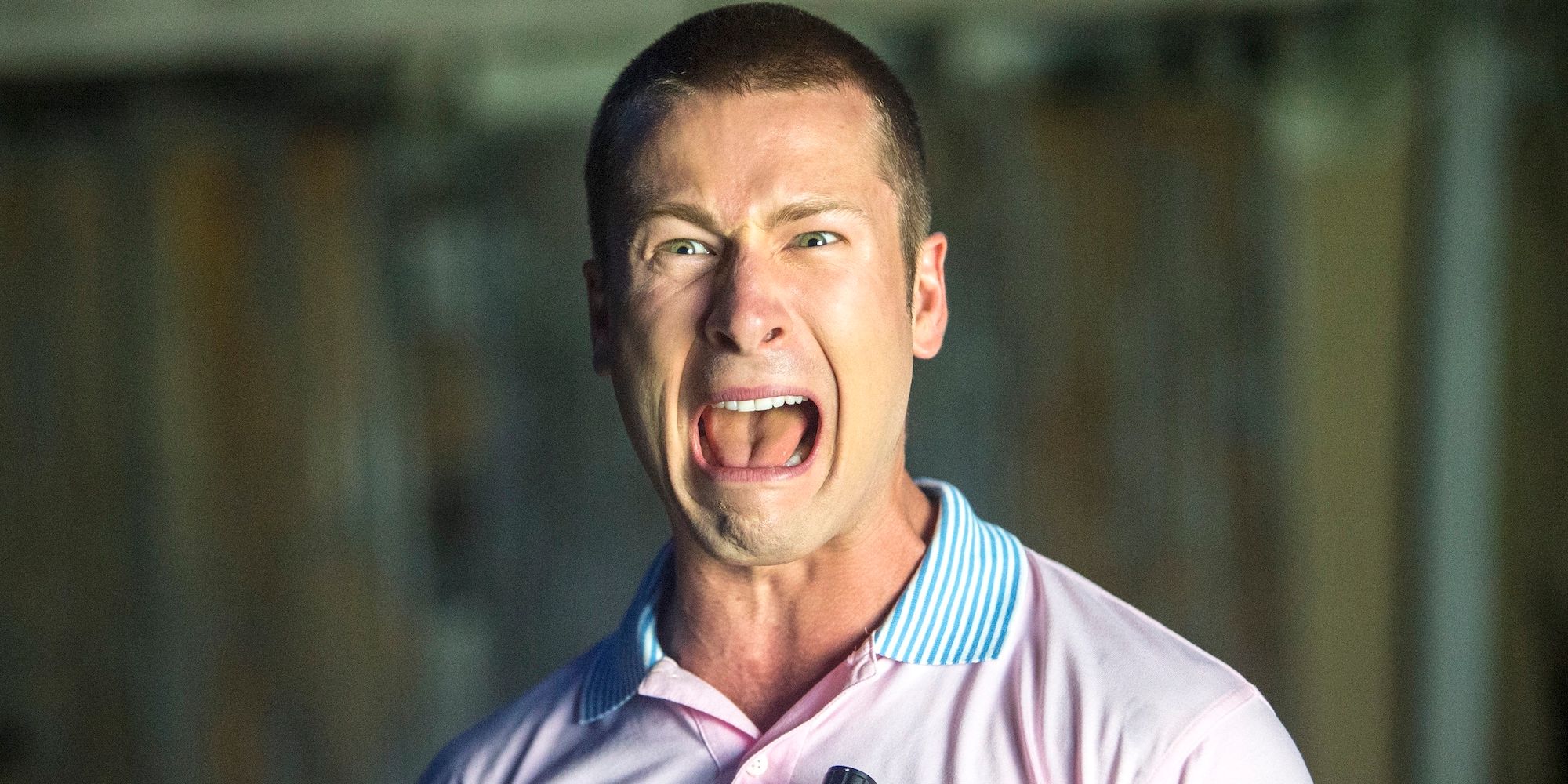 Glen Powell as Chad screaming in Scream Queens