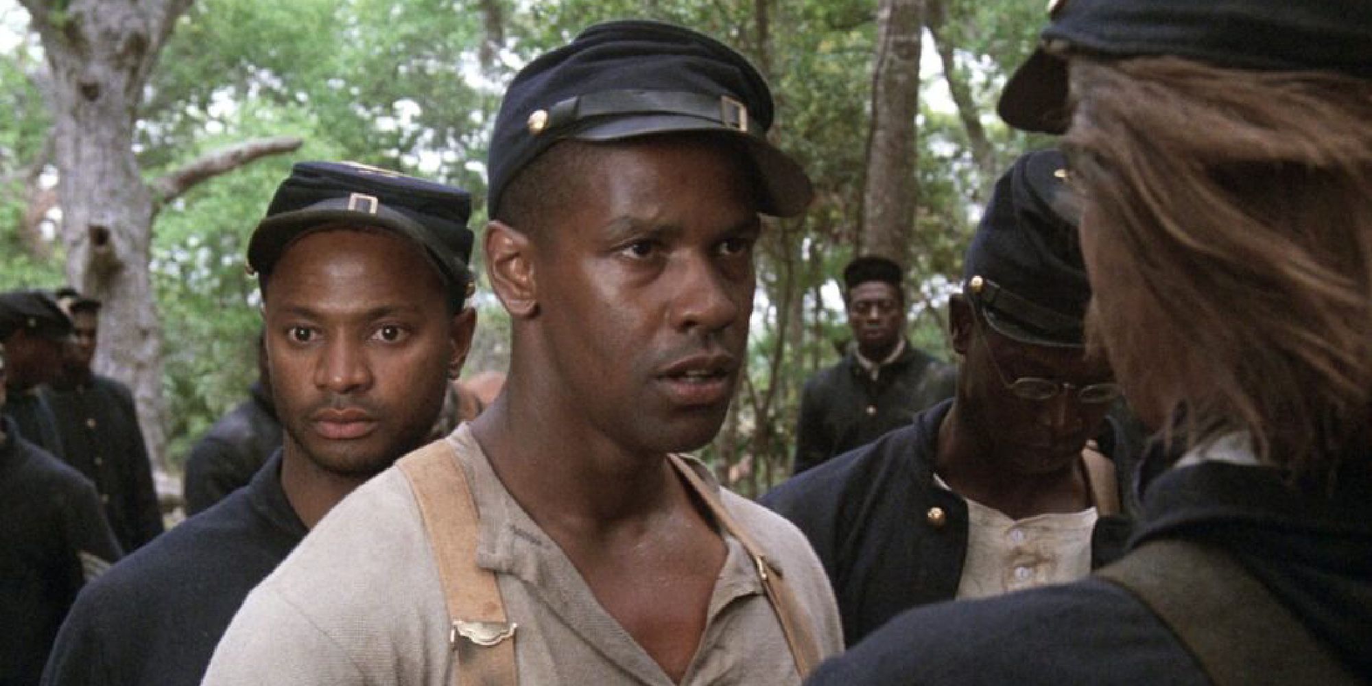 Private Trip (Denzel Washington) grimacing in 'Glory'