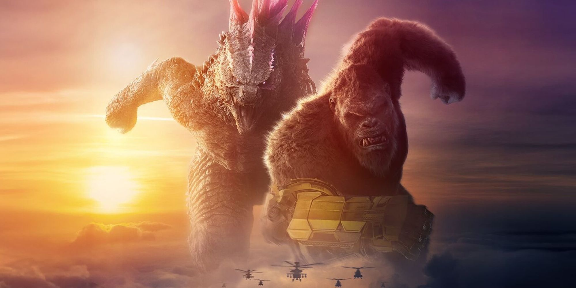 Godzilla and Kong charging into battle in a poster for Godzilla x Kong: The New Empire
