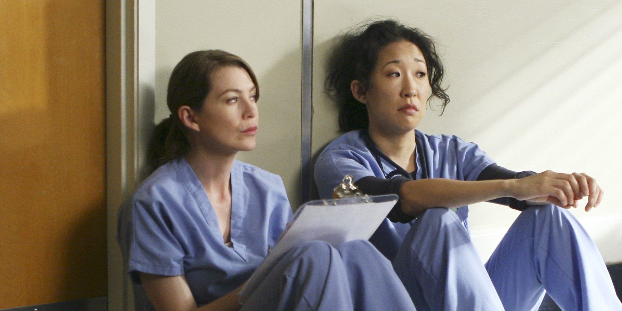 Ellen Pompeo and Sandra Oh in Grey's Anatomy as Meredith and Cristina