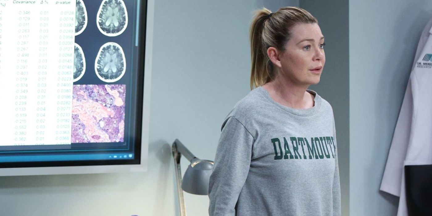 Meredith Grey (Ellen Pompeo) standing in front of a bunch of brain scans in the Season 19 finale of Grey's Anatomy