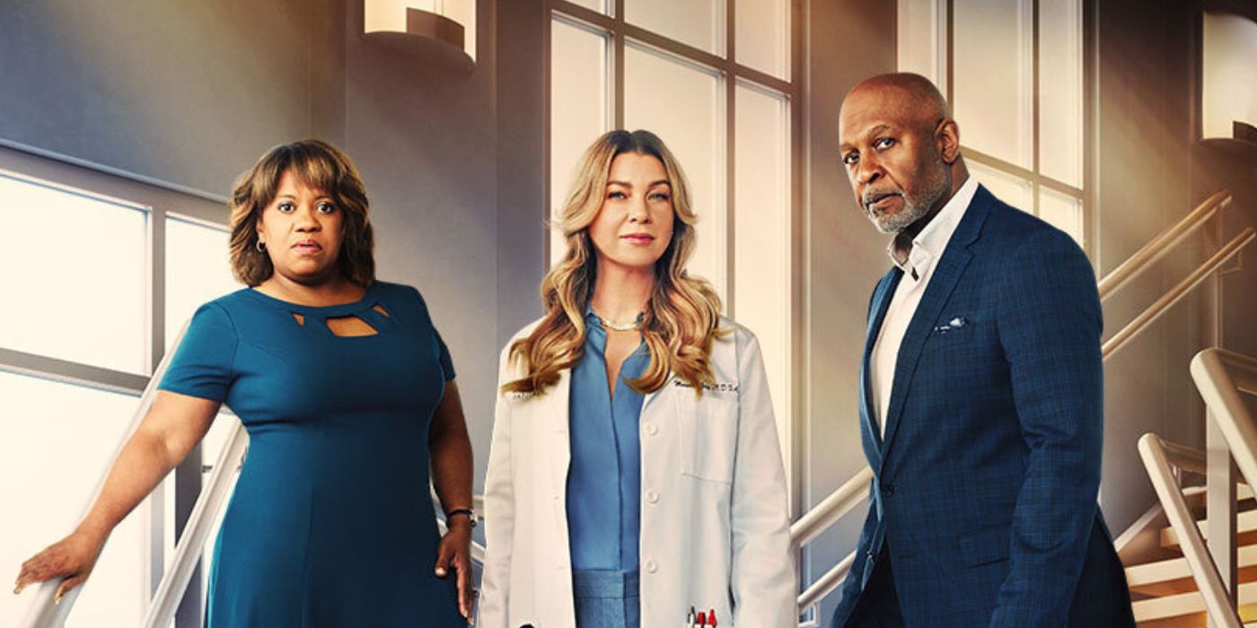 Chandra Wilson, Ellen Pompeo, and James Pickens Jr as Miranda, Meredith, and Richard on the poster for Grey's Anatomy Season 20.