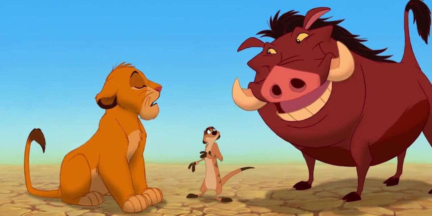 Timon and Pumbaa sing 'hakuna matata' with Simba