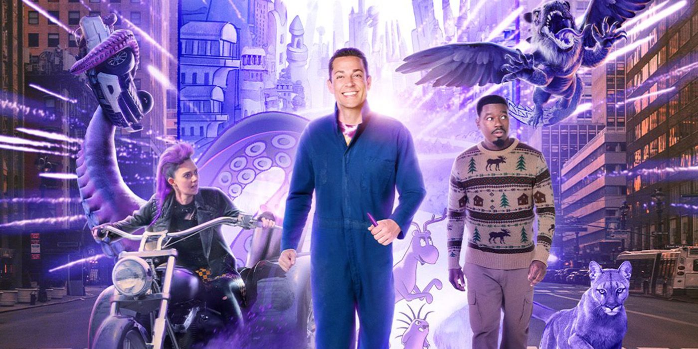 Zachary Levi surrounded by colorful art coming to life in a poster for Harold and the Purple Crayon