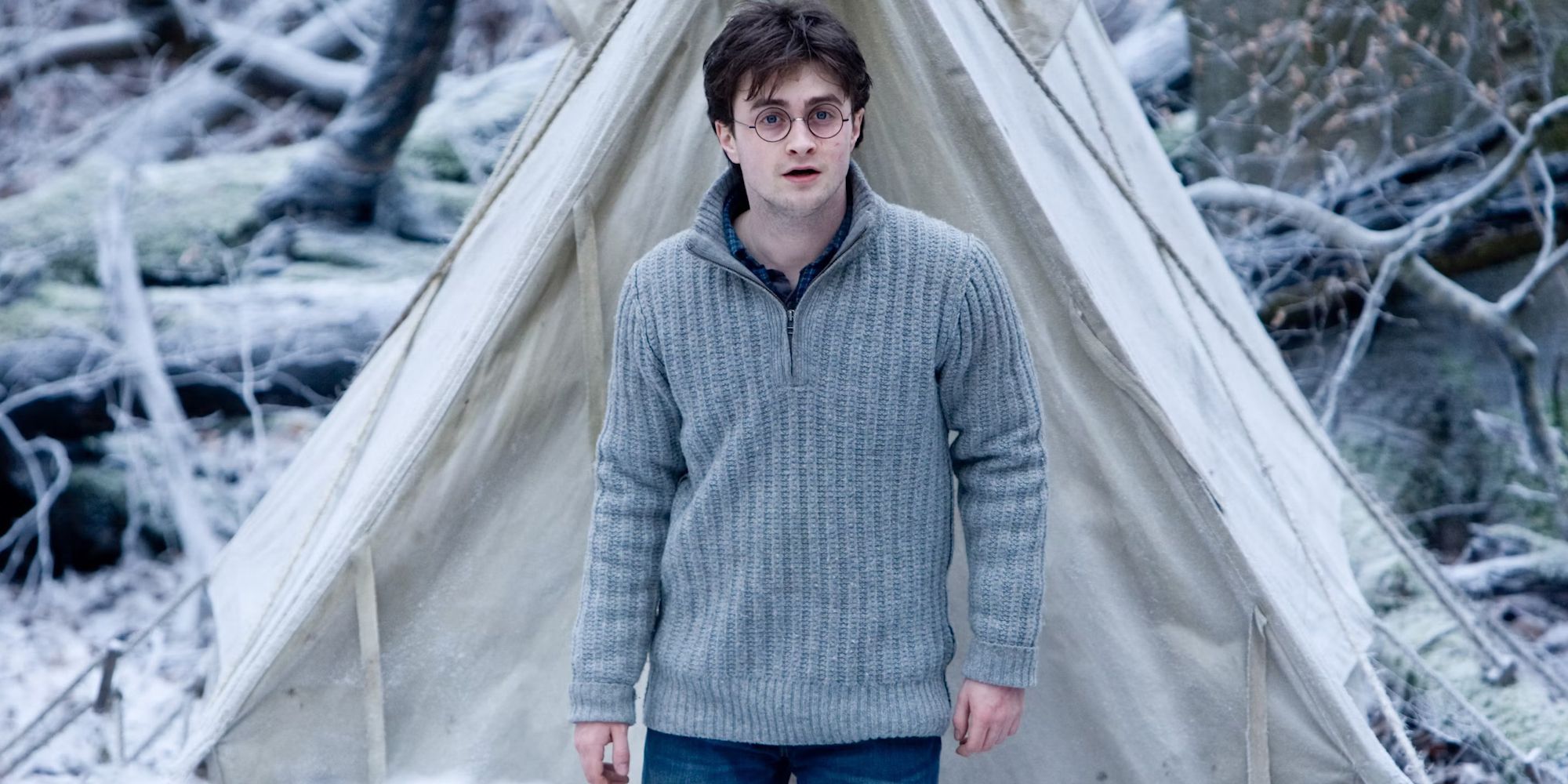 Harry Potter camping in the woods in Harry Potter and the Deathly Hallows Part 1