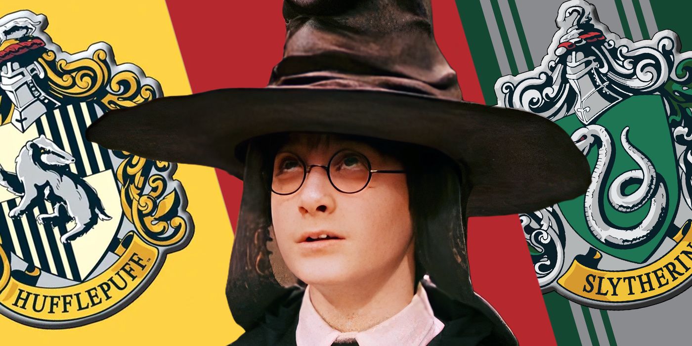 Blended image showing Harry with the Sorting Hat and the Hogwarts Houses logos in the background.