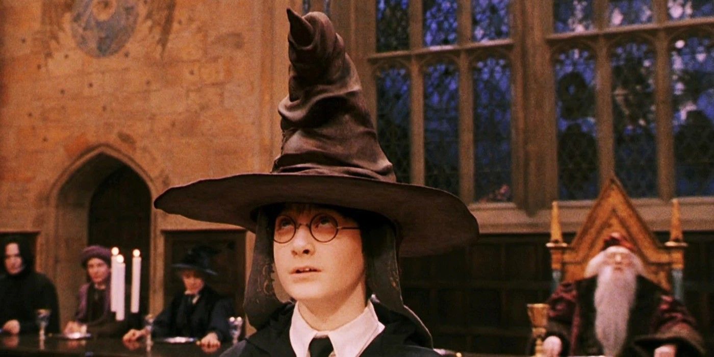 Daniel Radcliffe as Harry Potter, wearing the sorting hat in Harry Potter and the Sorceror's Stone