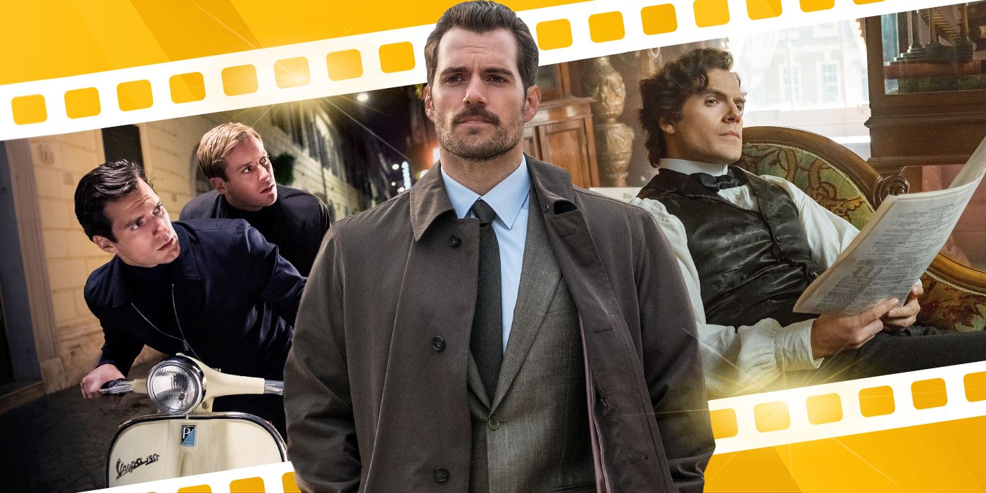 Blended image showing Henry Cavill in The Man from UNCLE, Mission: Impossible - Fallout, and Enola Holmes.