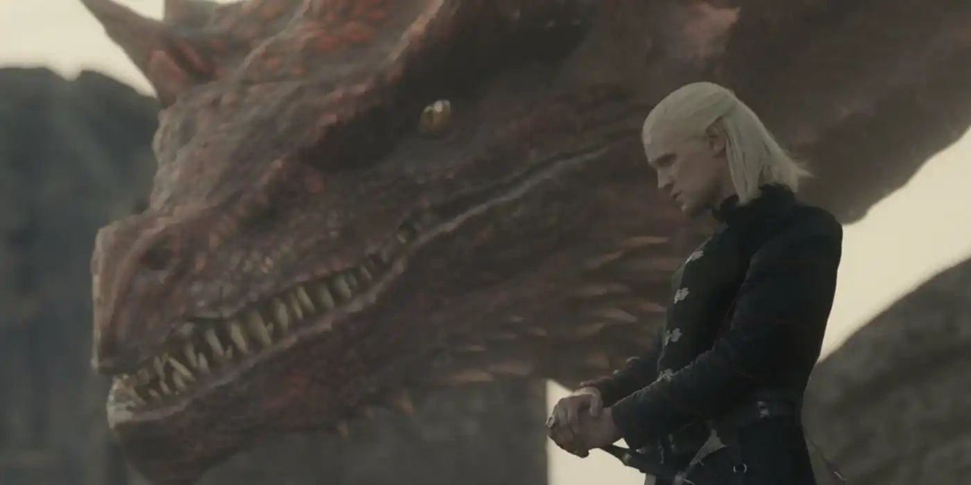 Daemon Targaryen with his dragon, Caraxes the Blood Wyrm