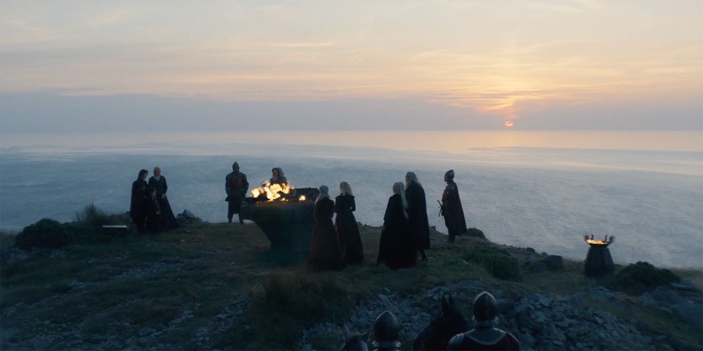 Rhaenyra and her family mourning Lucerys at his funeral in House of the Dragon Season 2