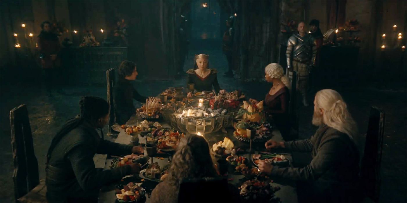 Emma D&rsquo;Arcy as Rhaenyra sitting around the table with Dragonseeds in House of the Dragon Season 2