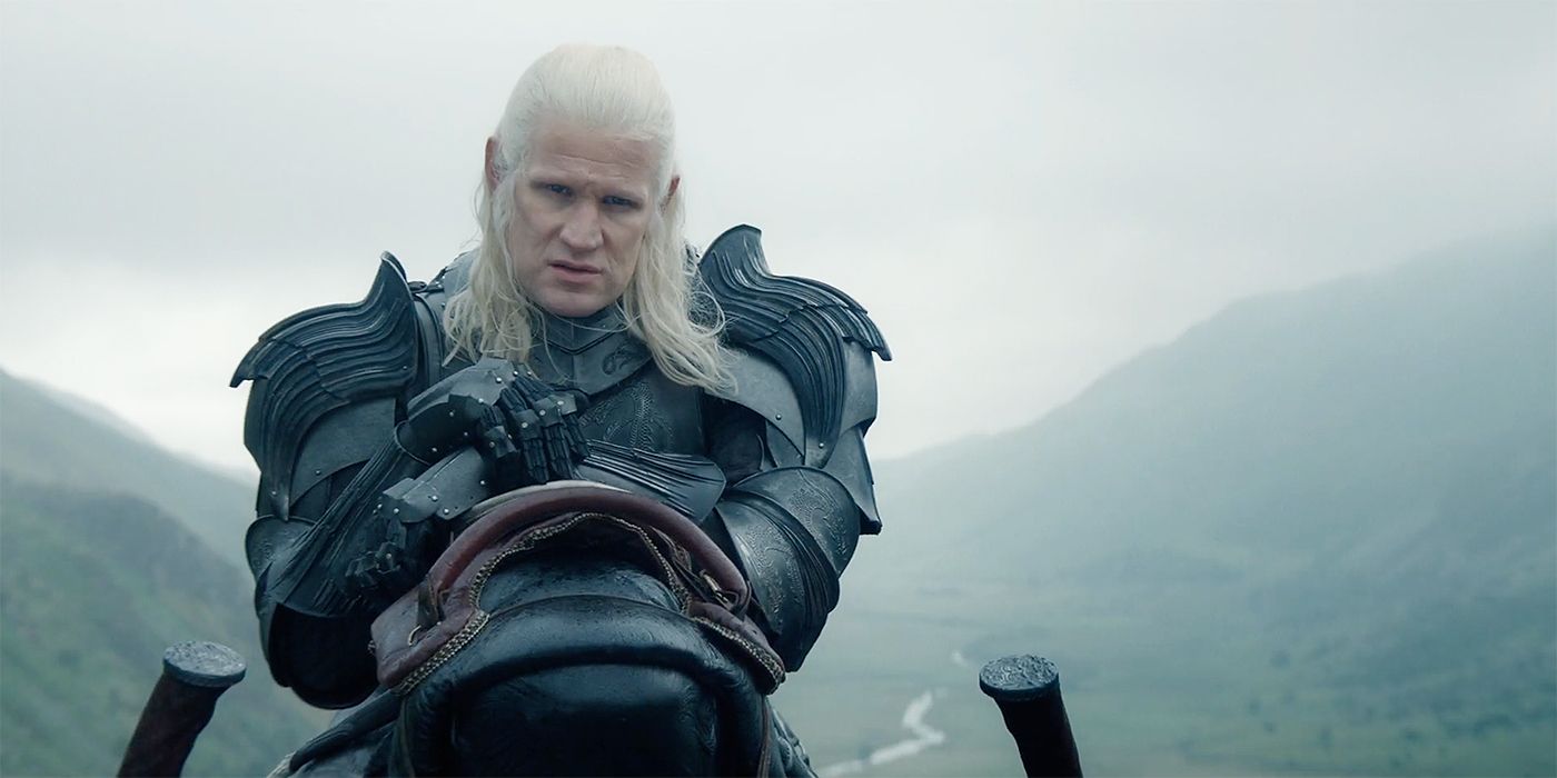 Matt Smith as Daemon Targaryen on dragonback in House of the Dragon Season 2