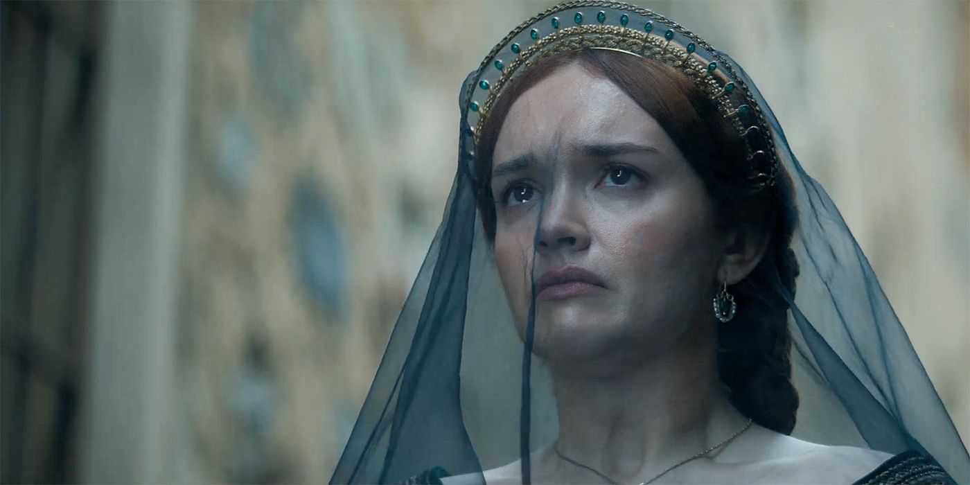 Olivia Cooke as a despairing Alicent Hightower wearing a black veil in House of the Dragon