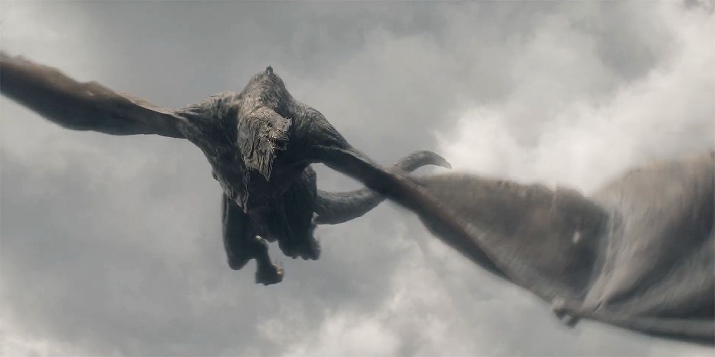 Vhagar, the largest dragon in Westeros, flying through the air in House of the Dragon Season 2