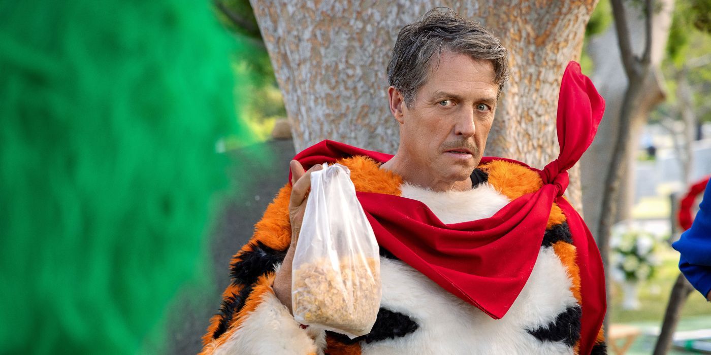 Hugh Grant as Thurl, dressed as Tony the Tiger in Unfrosted.