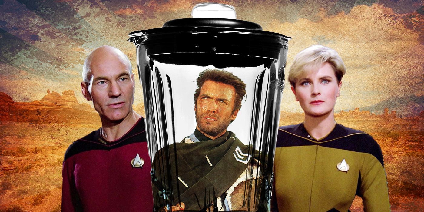 Characters from Star Trek The Next Generation flank Clint Eastwood as a cowboy in a blender