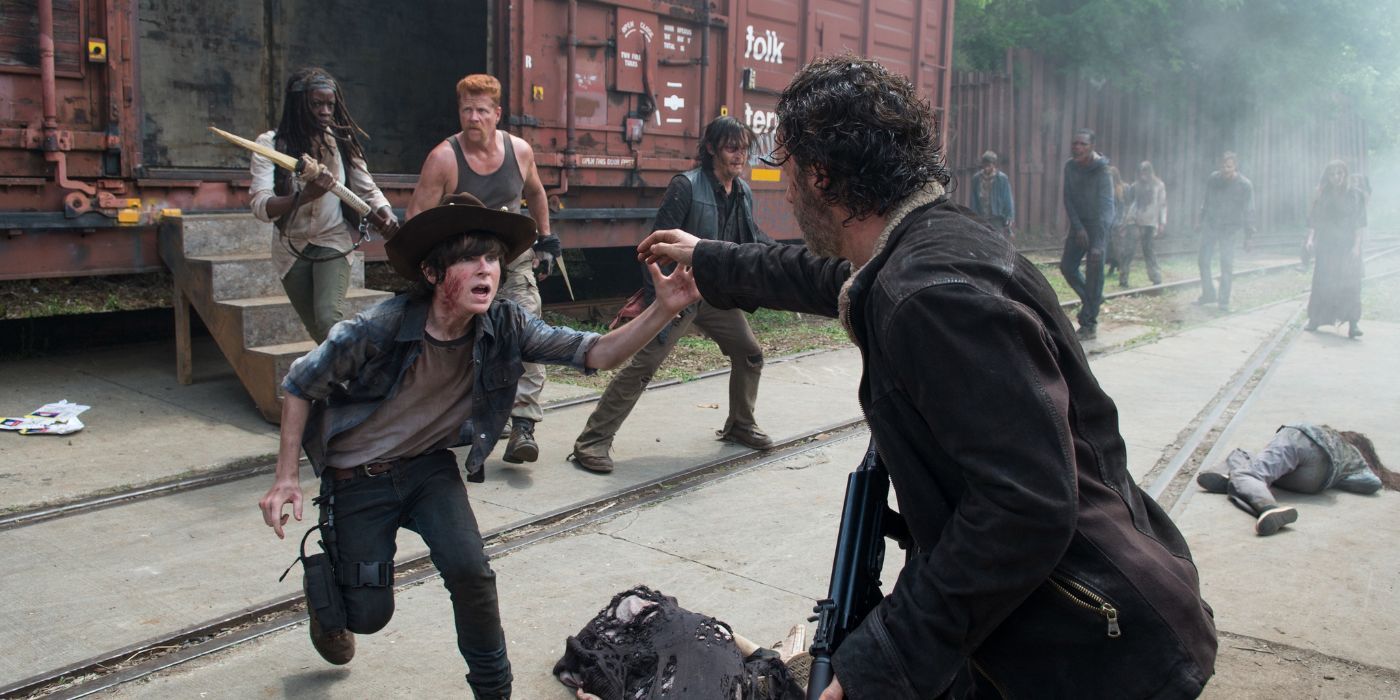 Andrew Lincoln as Rick Grimes and Chandler Riggs as Carl at Terminus in The Walking Dead Season 5.