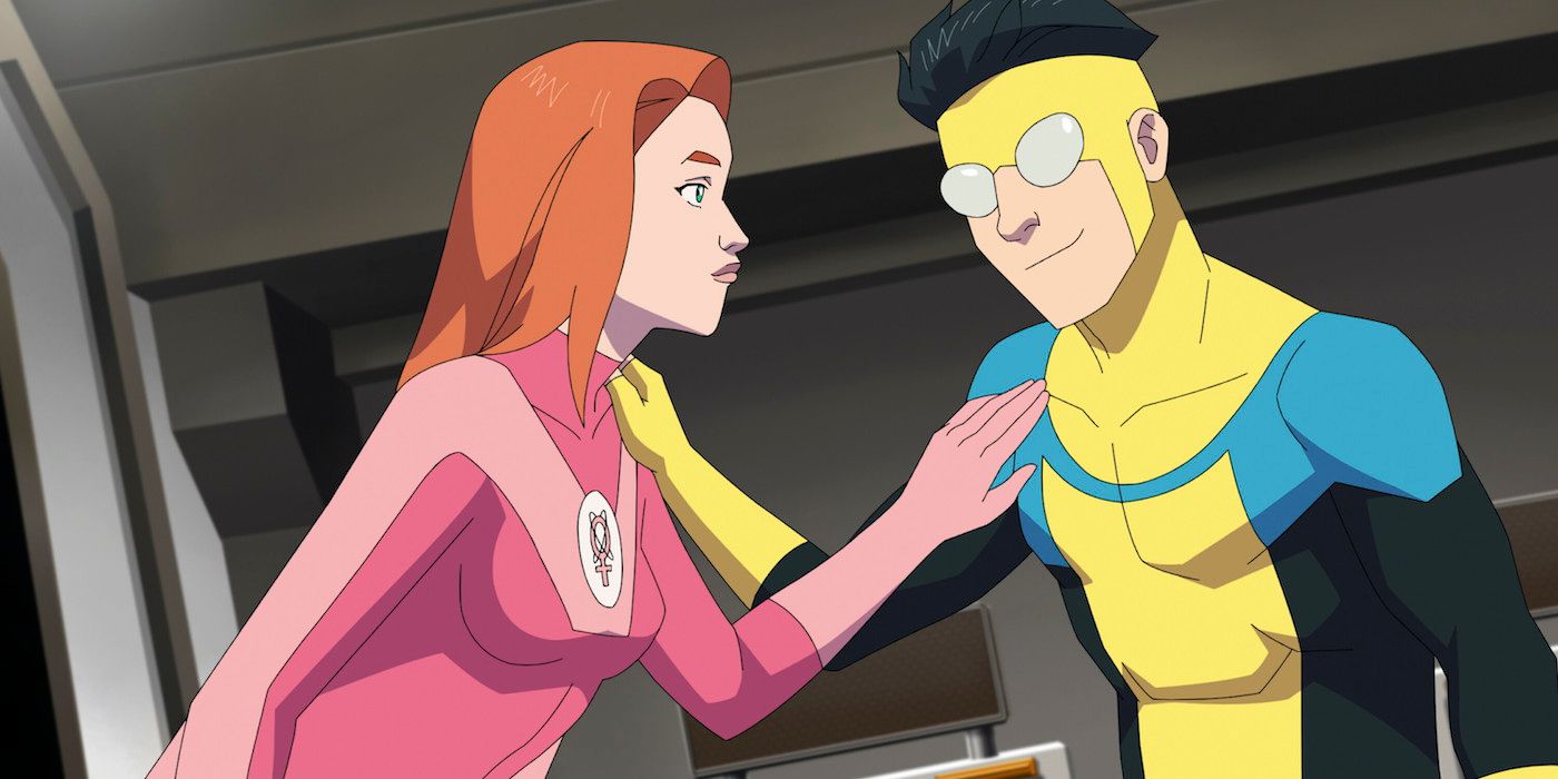 Steven Yeun's Mark Grayson and Gillian Jacobs' Atom Eve reconnect in a still from Invincible Season 2 Part 2. 