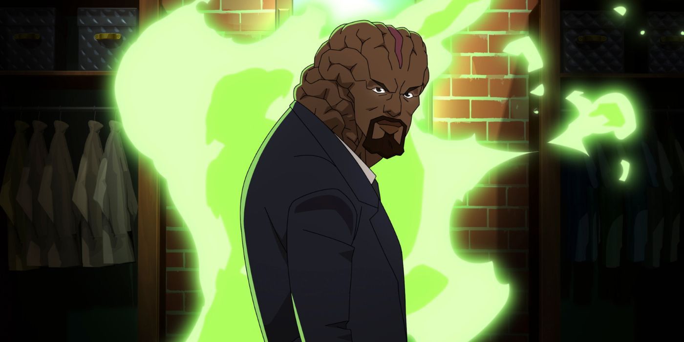 Angstrom Levy (voiced by Sterling Kelby Brown) walking through a green portal in Invincible Season 2 Part 2
