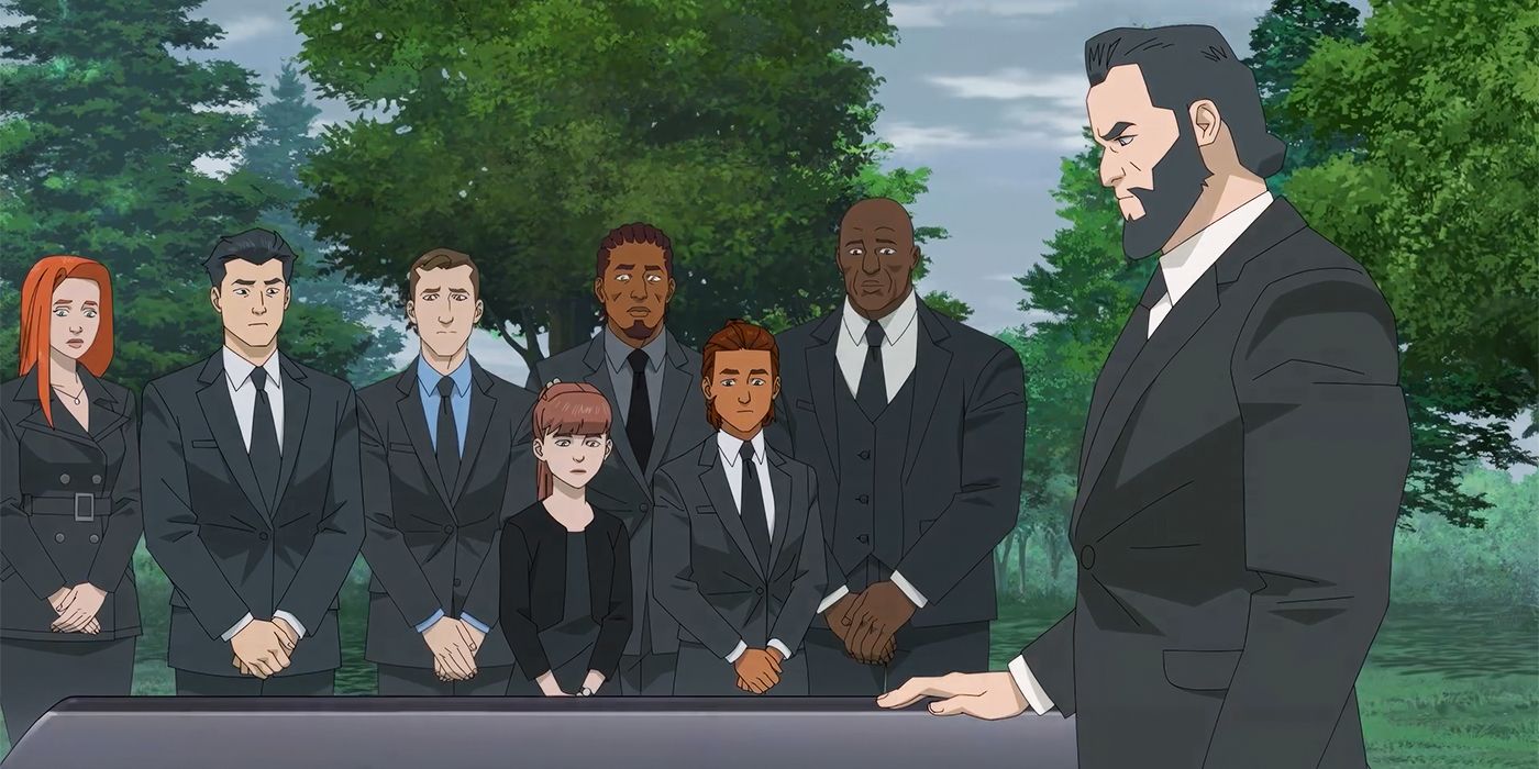 Eve, Mark, Shapesmith, Amanda, Rudy, Zandale, Markus, and the Immortal at Shrinking Rae's funeral in Invincible Season 2 Part 2.