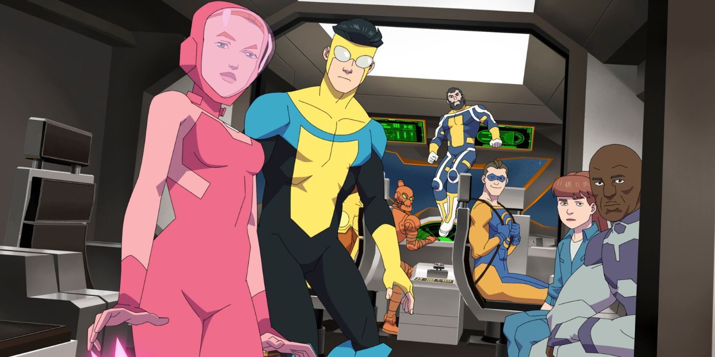 Eve, Mark and the Guardians of the Globe, in a spaceship in Invincible Season 2 Part 2.
