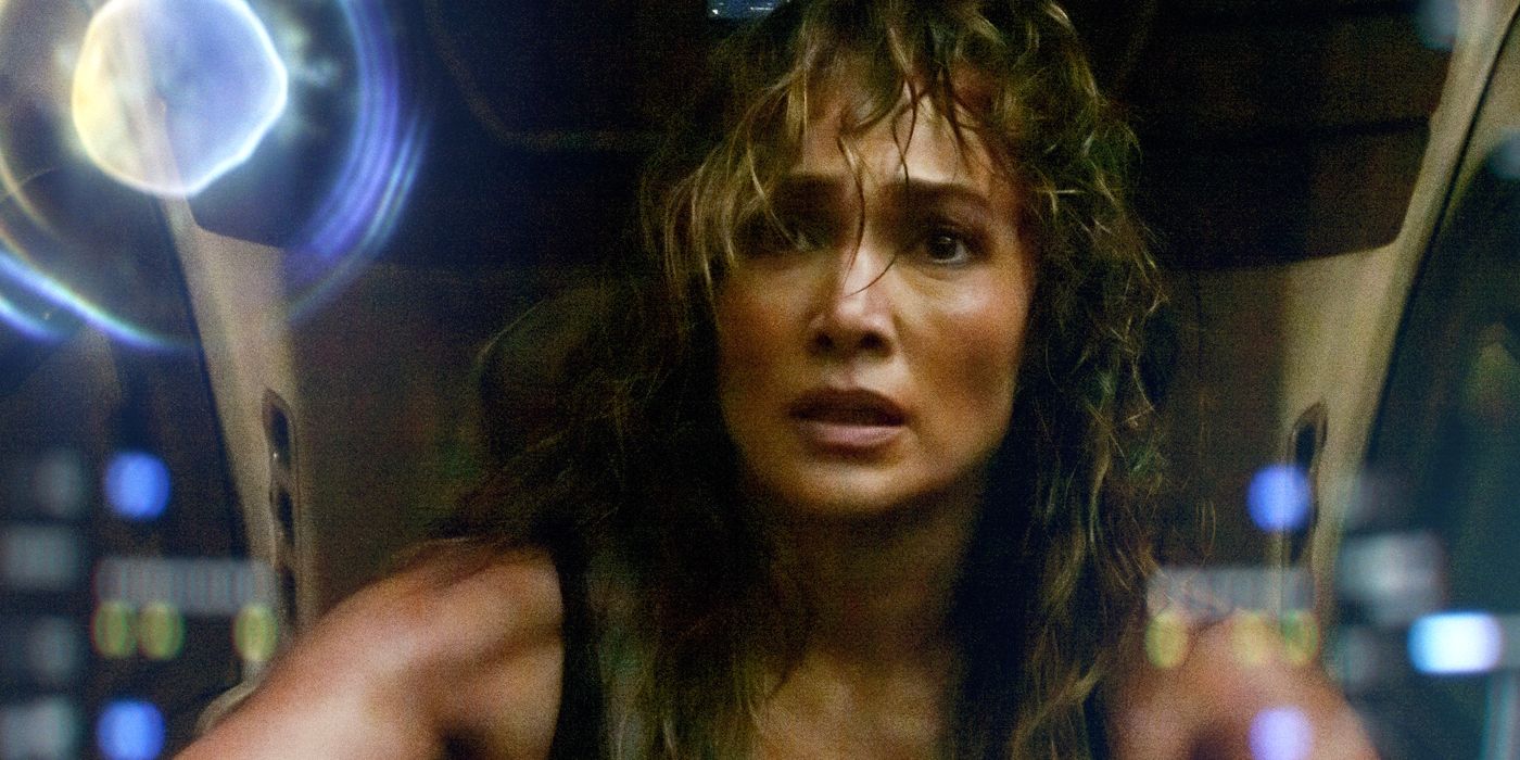 Jennifer Lopez as Atlas Shepherd piloting a mech suit in Netflix's Atlas.