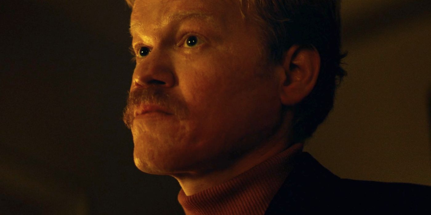 Jesse Plemons, with a mustache, in Kinds of Kindness.