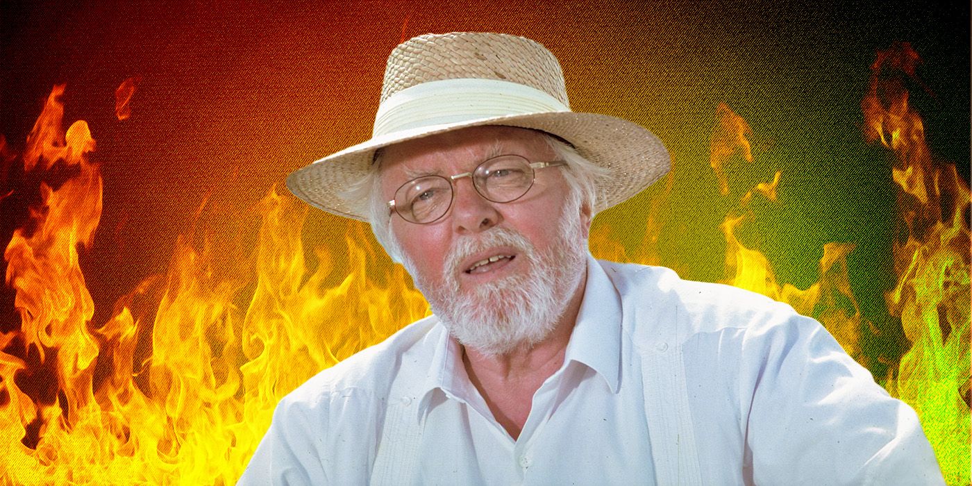 Richard Attenborough as John Hammond in Jurassic Park, superimposed in front of flames