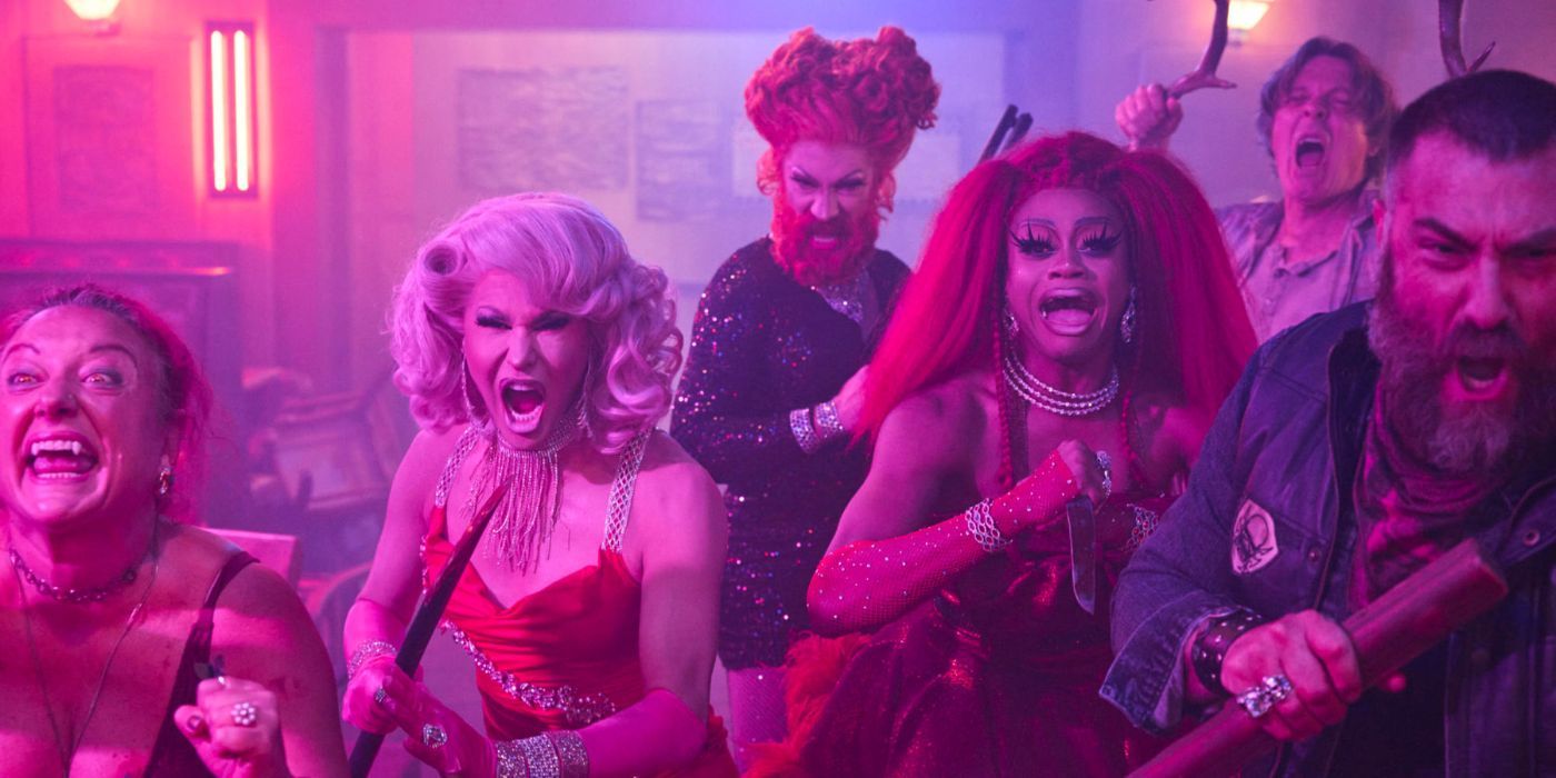 Crystal Methyd, Trinity the Tuck, Heidi N Closet, and Cara Melle yelling with weapons in Slay.