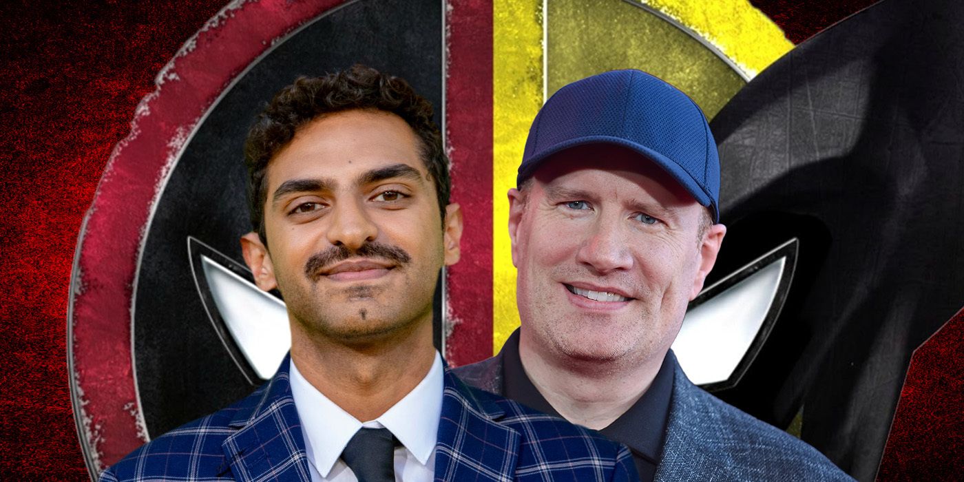 Composite image of Karan Soni and Kevin Feige over the Deadpool and Wolverine Logo