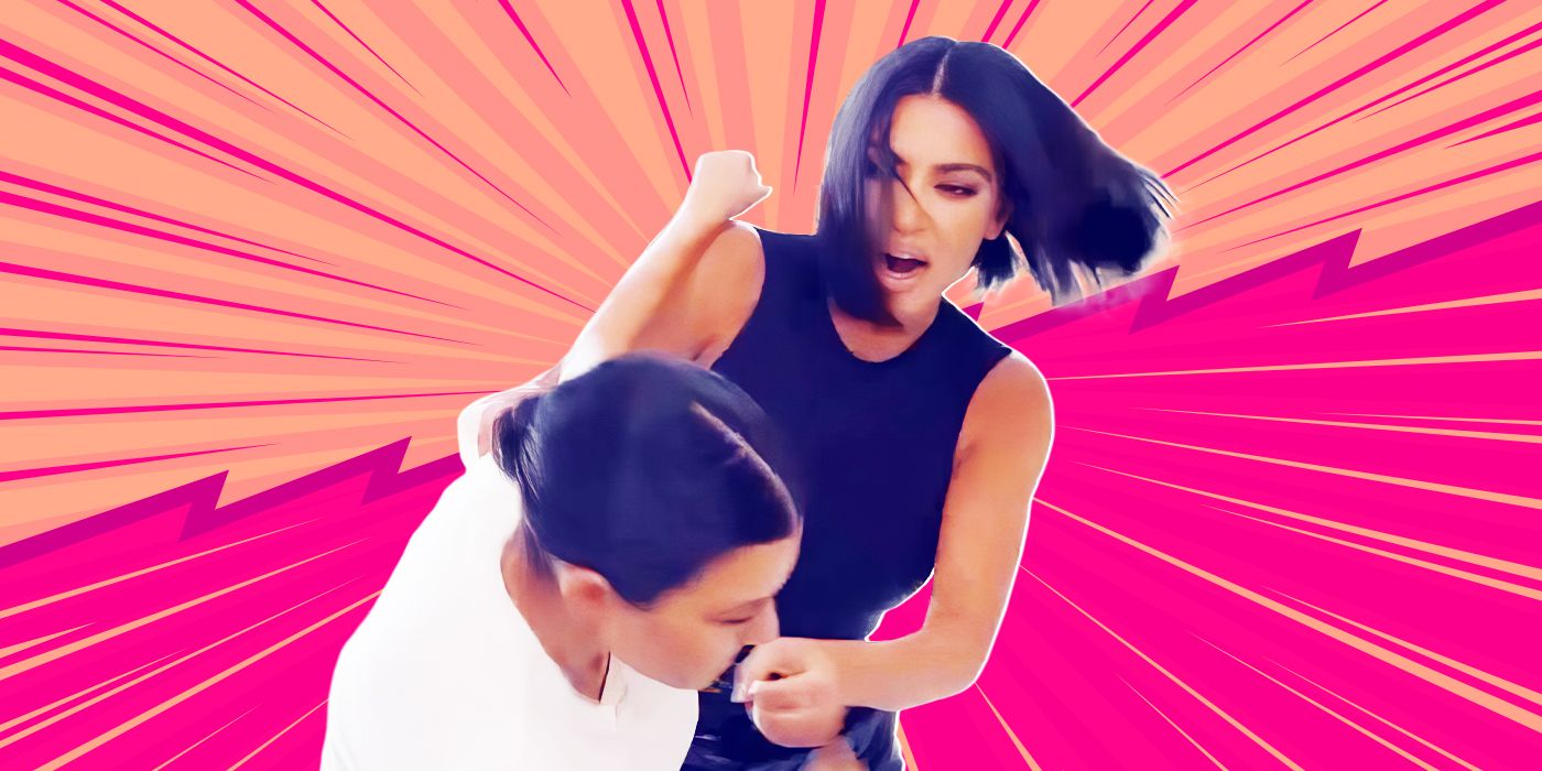 Custom image of Kim and Kourtney Kardashian fighting against a red and orange background