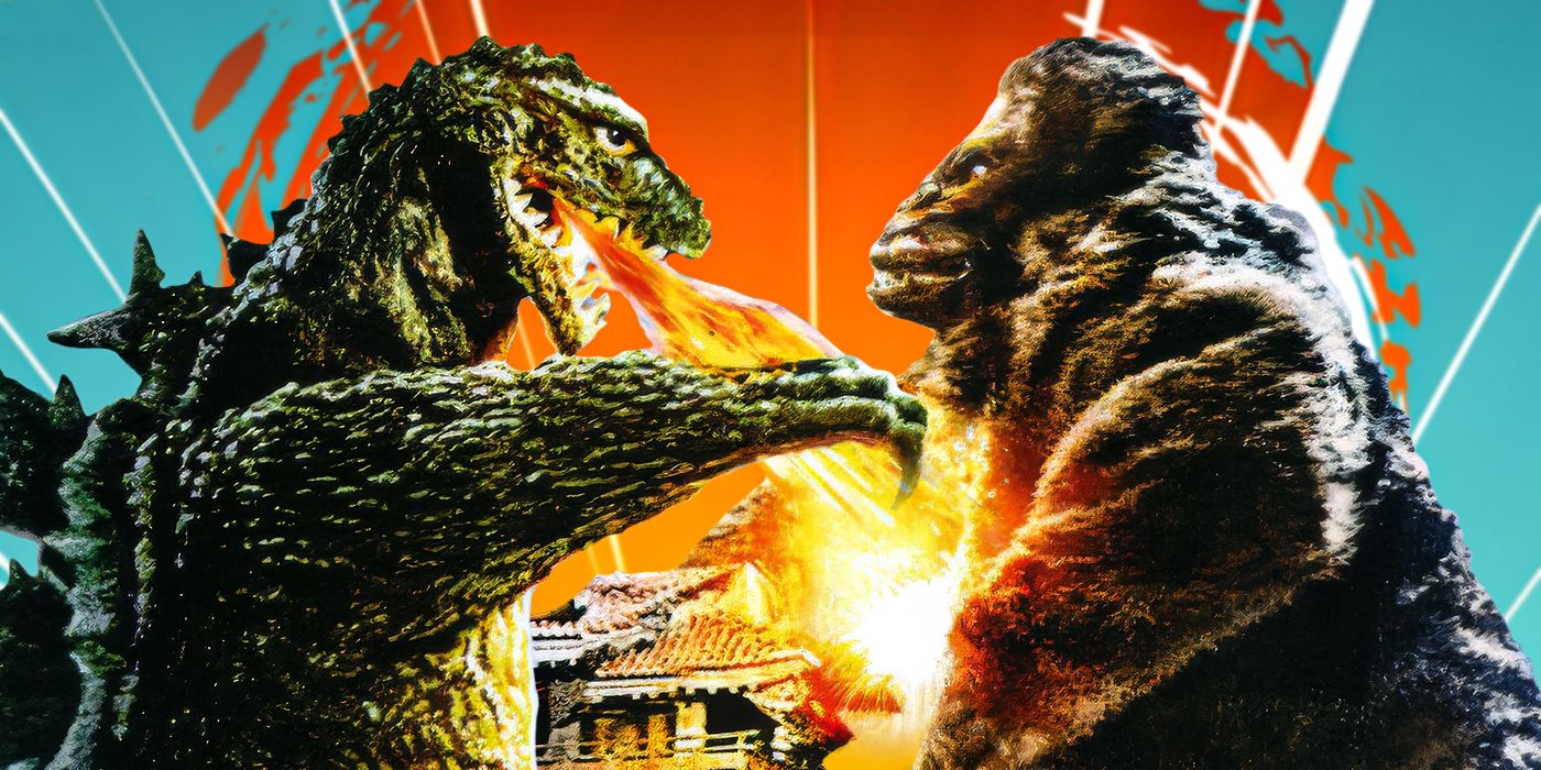 A custom image of King-Kong fighting Godzilla against a sunburst background