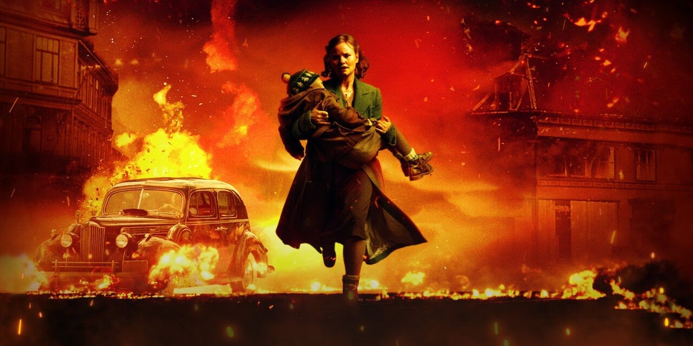 Kristine Hartgen as Ingrid Tofte running from a burning city with her child in her arms in a cropped Narvik Poster