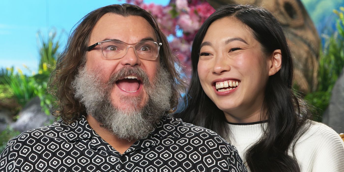 Custom image of Jack Black and Awkwafina laughing during an interview for Kung Fu Panda 4