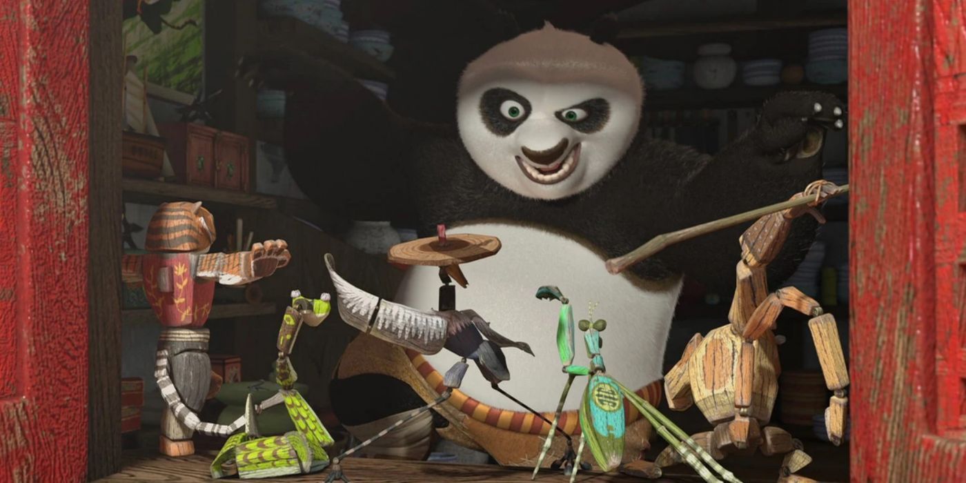 Po playing with his Furious Five action figures in 'Kung Fu Panda'