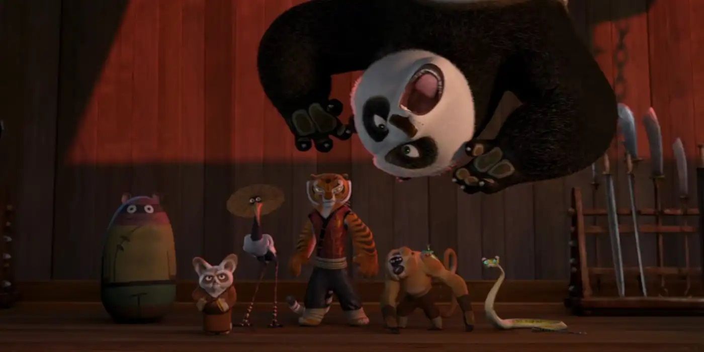 Po is knocked in the air and watched by Master Shifu and the Furious Five